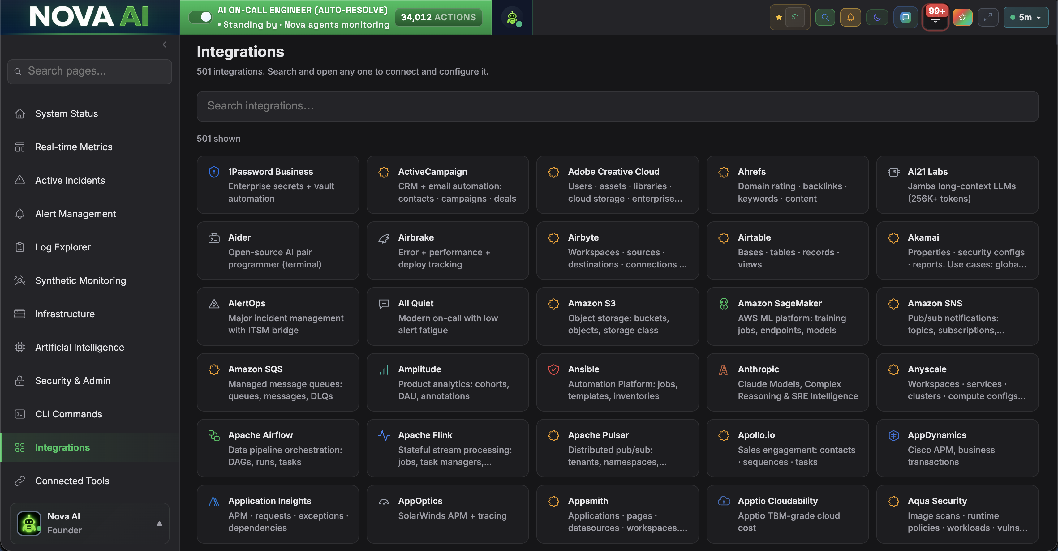 Nova Integrations library showing 501 connectable tools and services in a searchable grid, tiered by plan