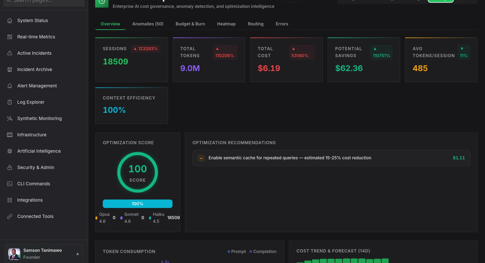 Nova AI context optimization: sessions, token consumption, cost, potential savings and cost forecast