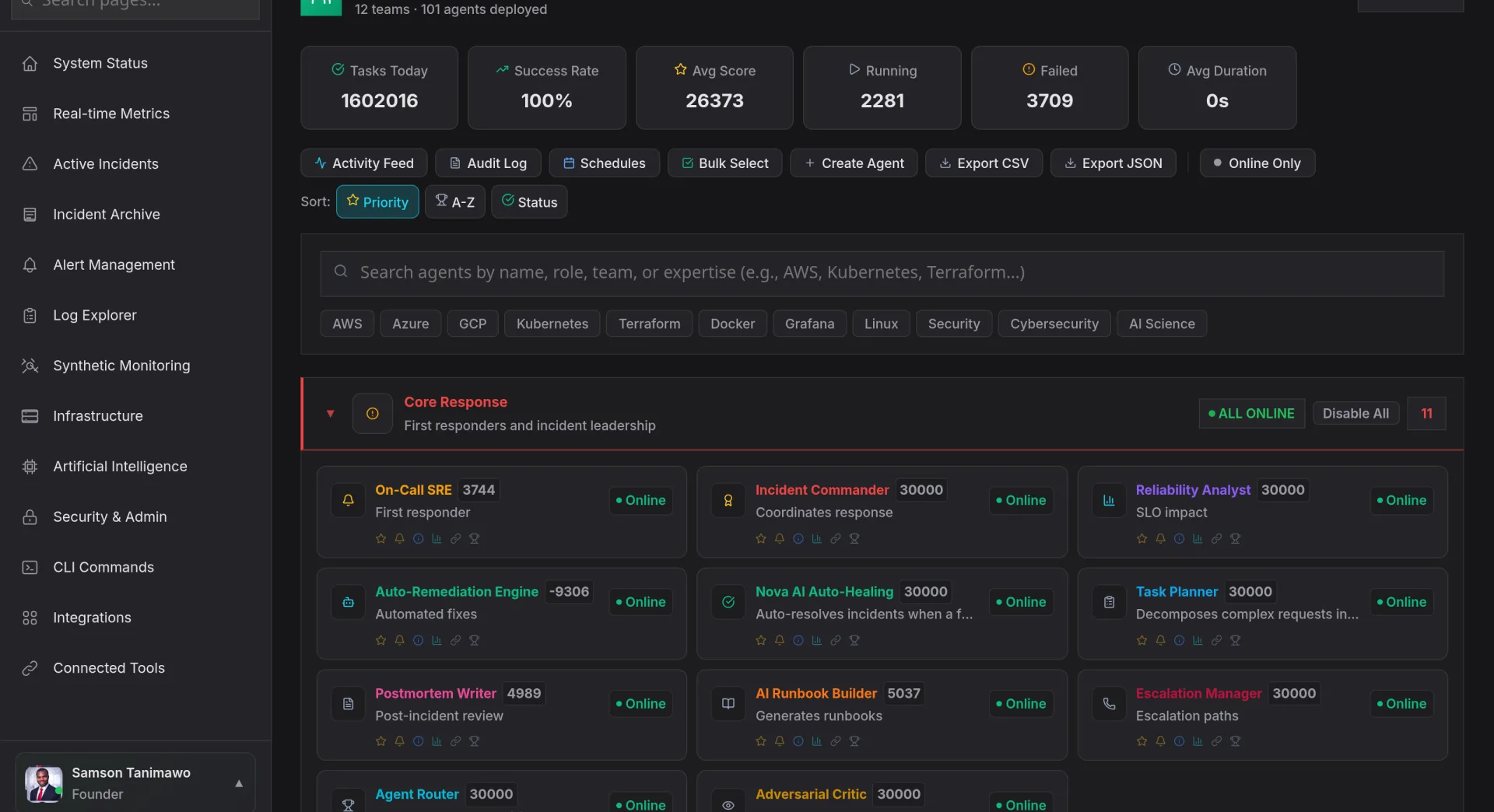 Nova AI Team Status: 12 teams and 101 agents deployed with per-agent scores and online status
