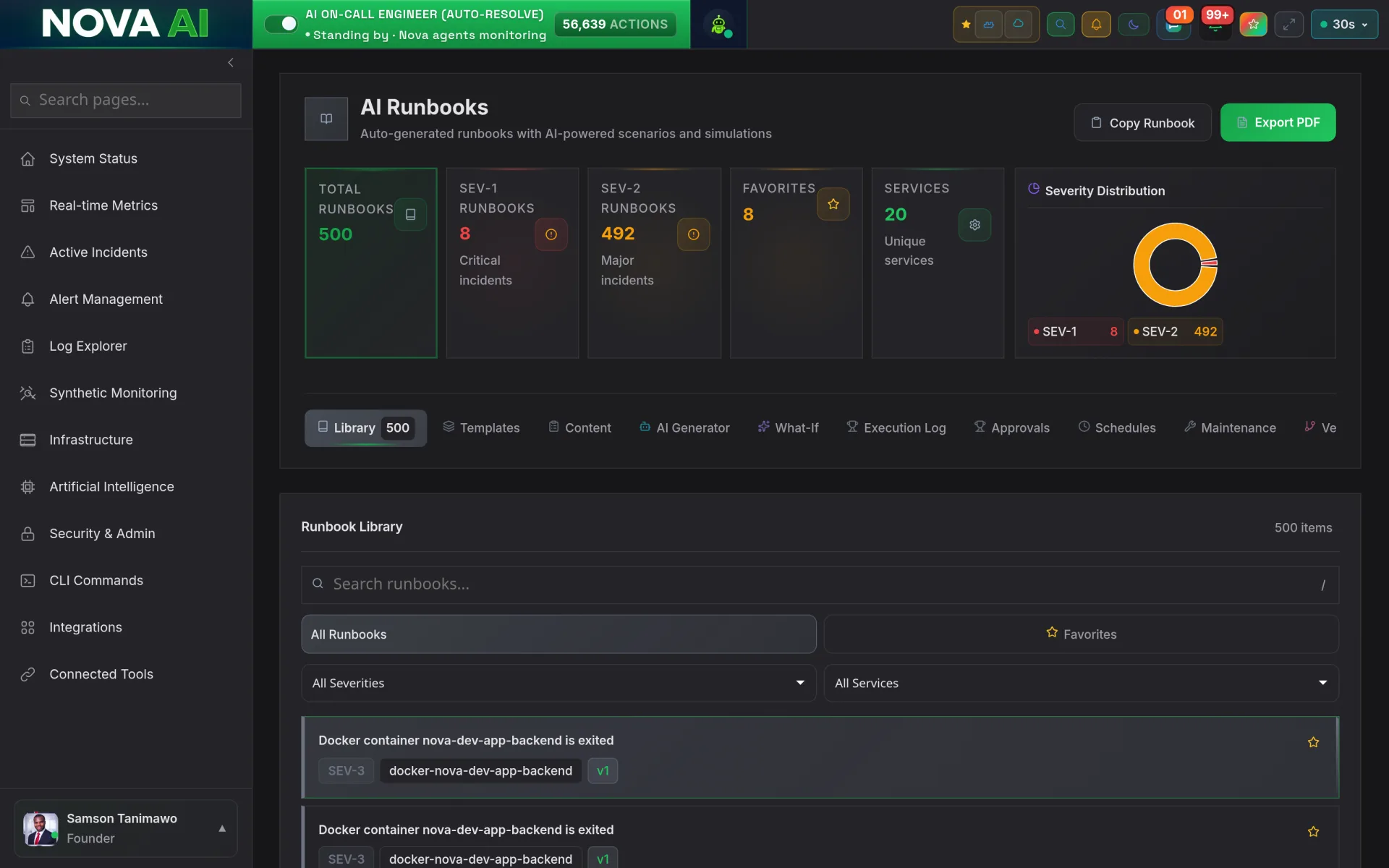 Nova AI Runbooks: 500 auto-generated runbooks across 20 services with severity distribution