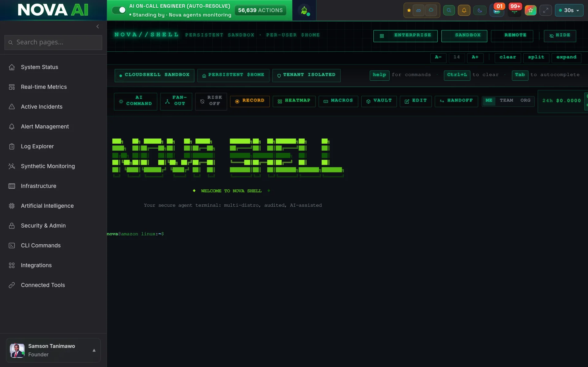 NovaShell secure agent terminal: multi-distro, audited, AI-assisted, with tenant-isolated sandbox sessions