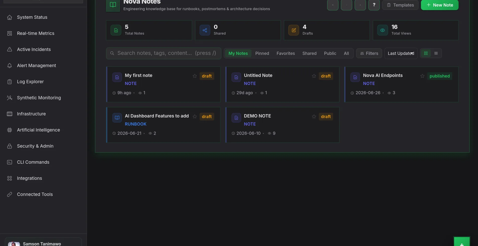 Nova Notes engineering knowledge base for runbooks, postmortems and architecture decisions