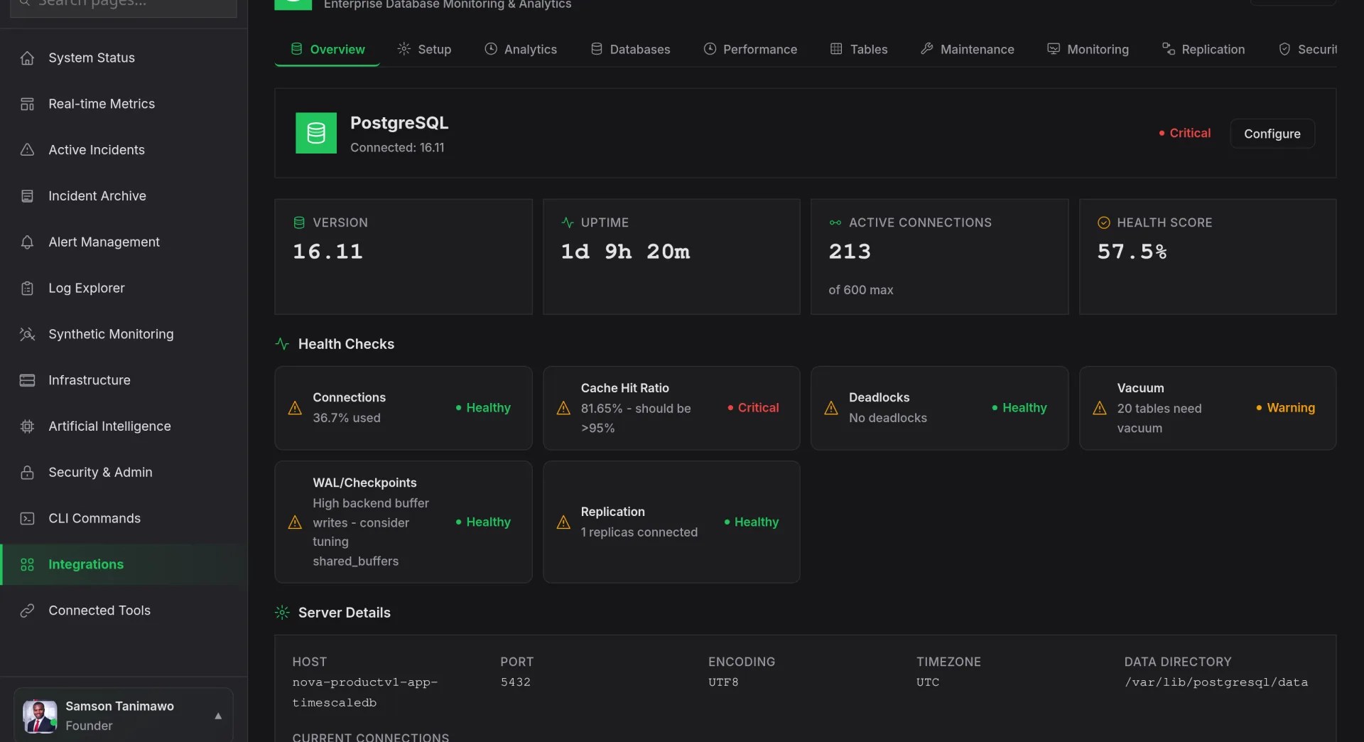 Nova AI PostgreSQL monitoring: version, uptime, active connections, health score and automated health checks