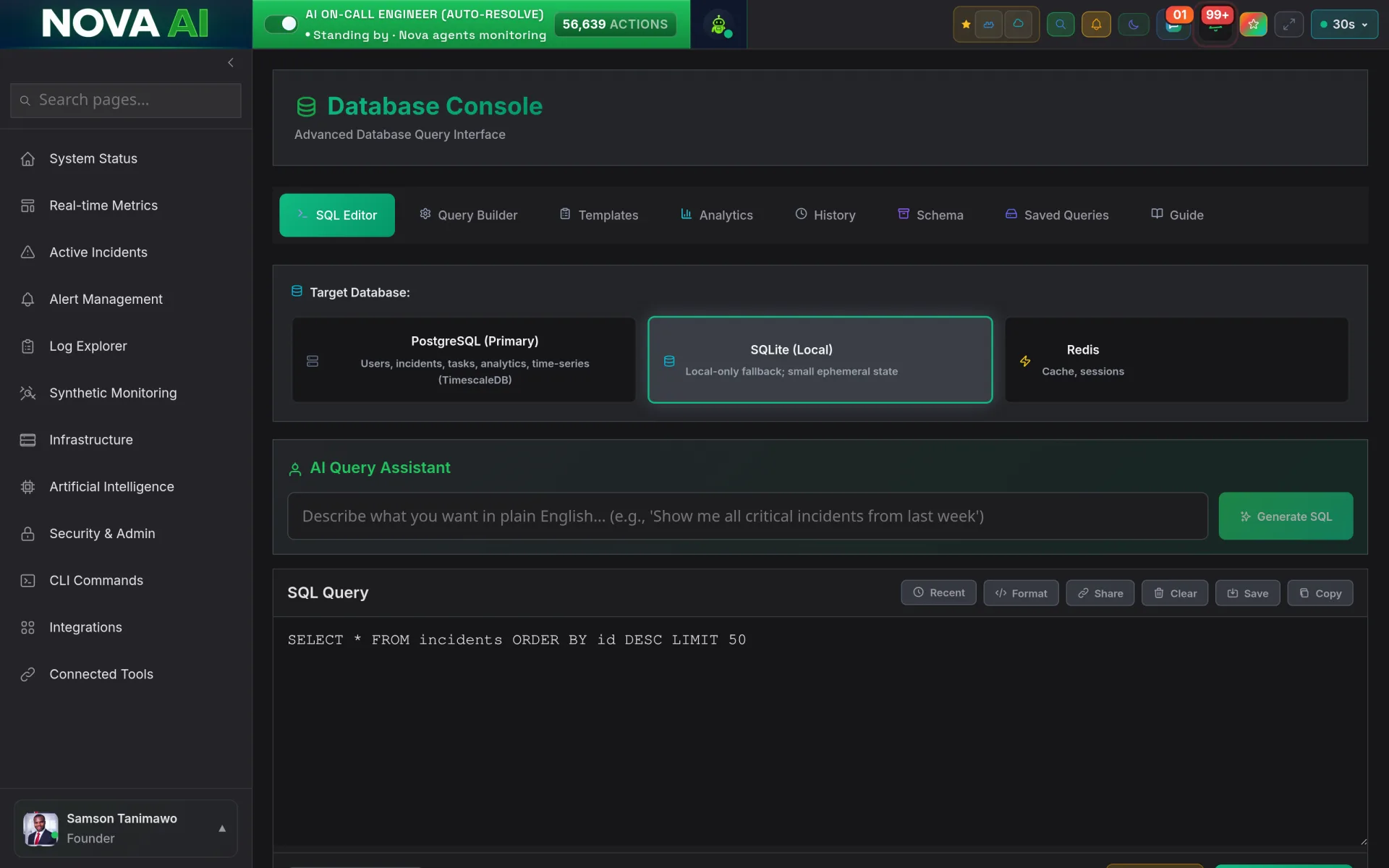 Nova AI Database Console: SQL editor with AI query assistant across PostgreSQL, SQLite and Redis targets
