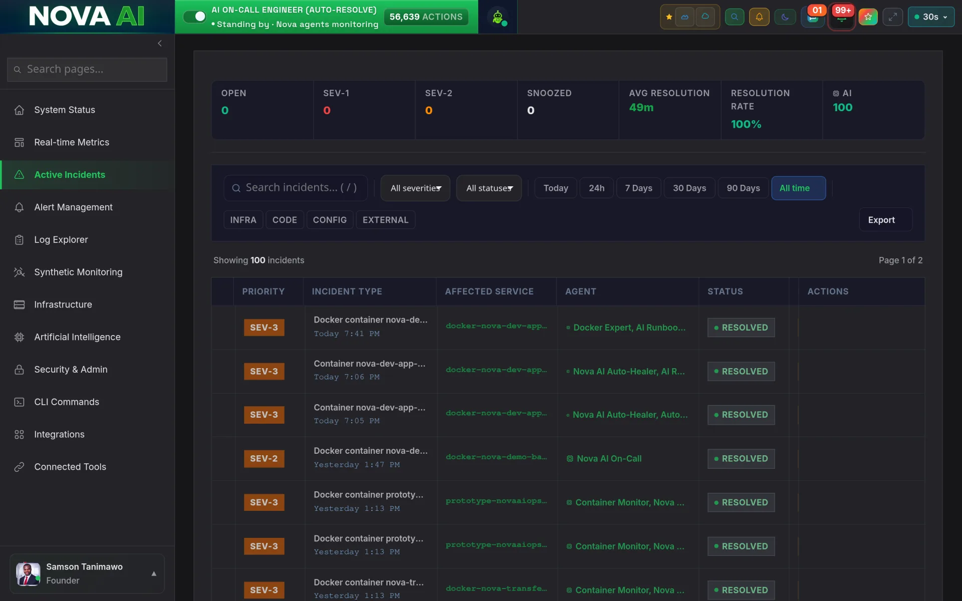Nova AI active incident queue with severity, affected service, responding agent and resolved status