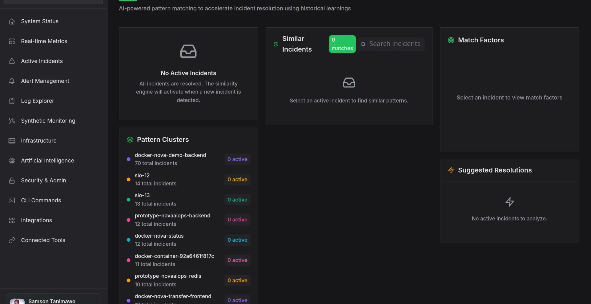 Nova AI incident similarity engine showing pattern clusters matched from historical incidents