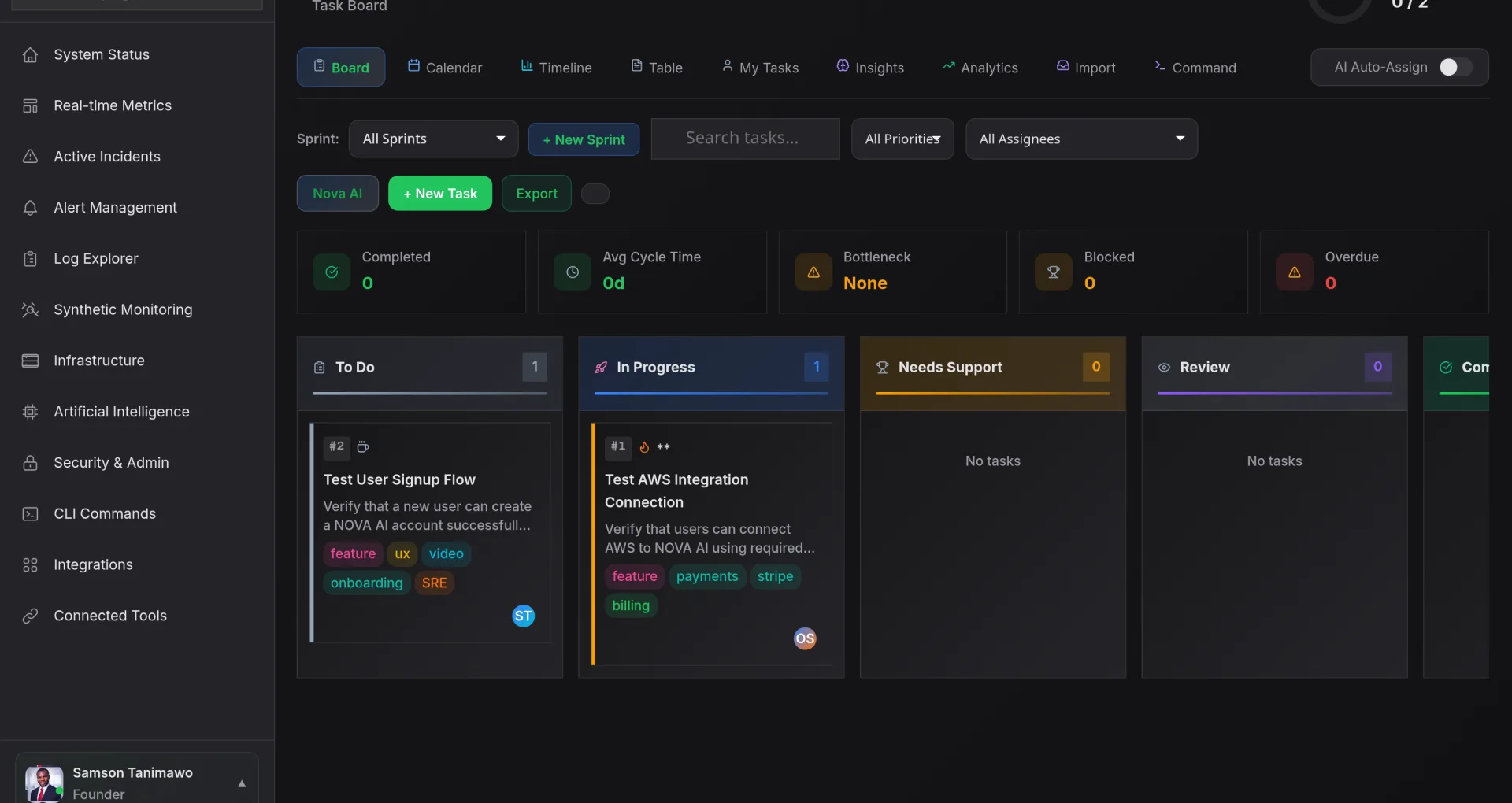 Nova AI Sprint Nexus task board with sprint progress and work items across To Do, In Progress and Review